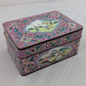Antique Chinese copper trinket box hand-painted enamel cloisonne pink floral